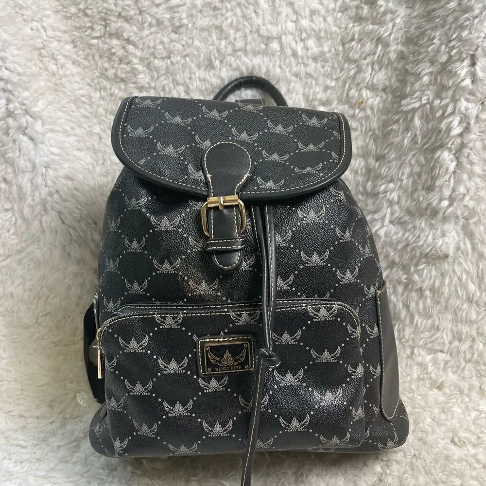 Wendy Keen Synthetic black and gray logo Backpack drawstring top closure.